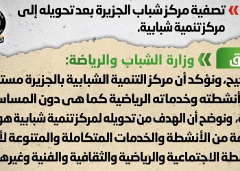 المركز الإعلامي لمجلس الوزراء : لا صحة لتصفية مركز شباب الجزيرة بعد تحويله إلى مركز تنمية شبابية