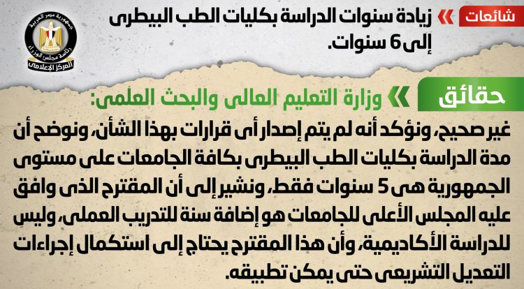 المركز الإعلامي لمجلس الوزراء ينفي زيادة سنوات الدراسة بكليات الطب البيطري إلى 6 سنوات