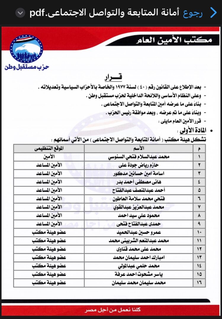 " حزب مستقبل وطن” يصدر تشكيل أمانة المتابعة والتواصل الإجتماعي 1 ” حزب مستقبل وطن” يصدر تشكيل أمانة المتابعة والتواصل الإجتماعي