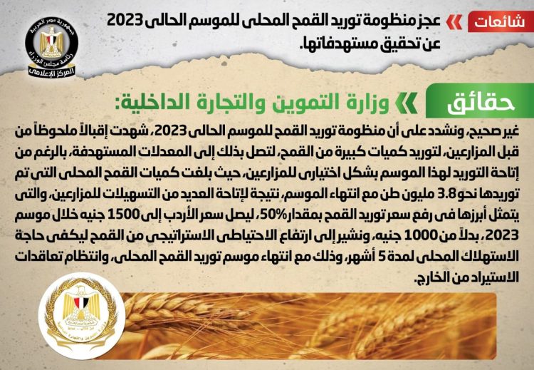 عجز منظومة توريد القمح المحلي للموسم الحالي 2023 عن تحقيق مستهدفاتها 1 عجز منظومة توريد القمح المحلي للموسم الحالي 2023 عن تحقيق مستهدفاتها